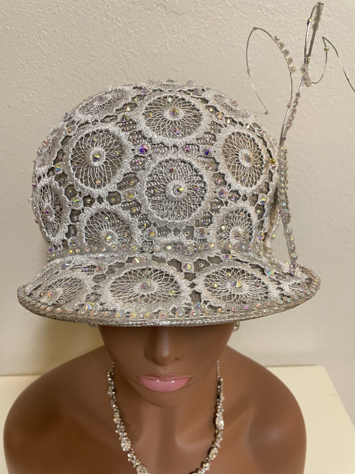 White Lace Women's Hat With Gems and Hat Pin