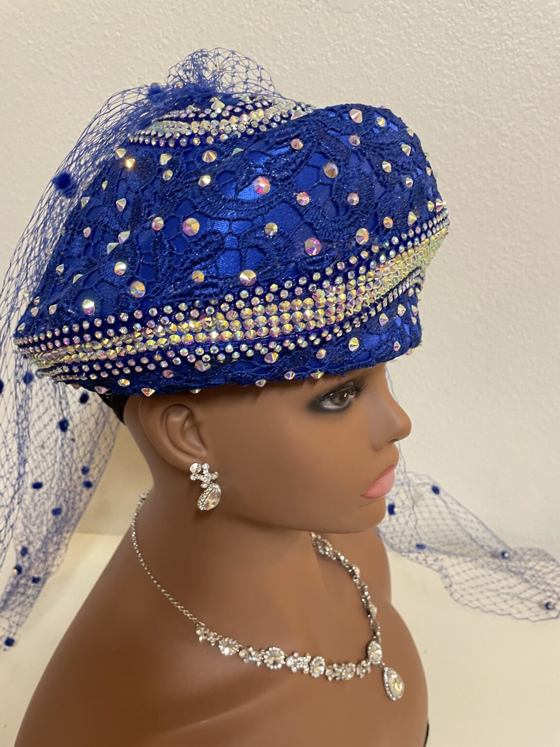 Royal Blue Hat With Crystals Stones Royal Blue Veil.
