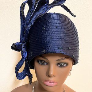 Navy Blue Hat with Two Tone Bow & Navy Blue Stones